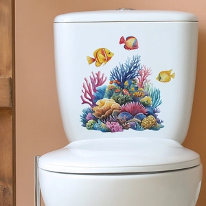 Detailed watercolor ocean theme toilet sticker featuring tropical fish and coral reefs