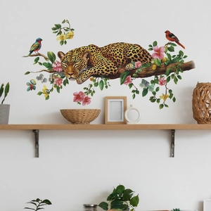 Realistic leopard on flowering branch wall sticker for modern home living room decor