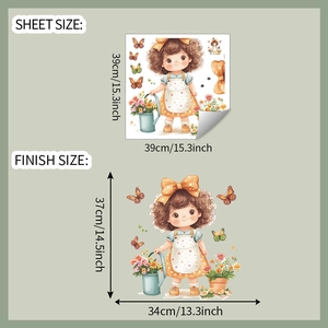 Detail of garden girl wall sticker showing sheet size and finish size specifications