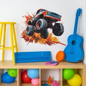 Sticker mural Monster Truck avec un pickup tout-terrain orange et bleu pour chambre d'enfant