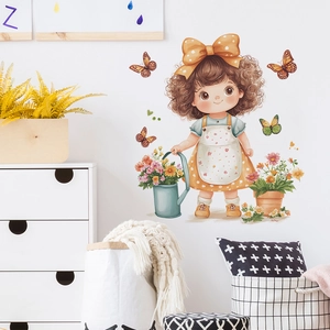 Pastoral Little Girl Watering Flowers Butterfly Wall Decals Removable PVC Nursery Wall Stickers For Kids Bedroom Home Decor