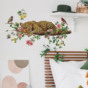 Artistic leopard wall sticker with pink cherry blossoms and birds for bedroom home decor