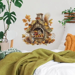Sticker Mural Maison d'Arbre Écureuil Dessin Animé Feuille d'Érable PVC Décoratif pour Chambre Salon Décoration Maison