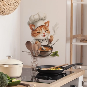 Cartoon orange cat chef wall sticker for kitchen decoration in modern interior setting