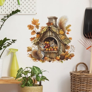Stickers muraux écureuil et cabane en bois avec feuilles d'érable pour décoration maison