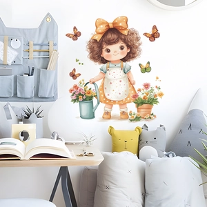 Garden style wall sticker featuring a cute girl with butterflies for bedroom decoration
