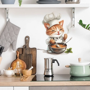 Cartoon orange cat chef wall sticker cooking soup in kitchen, 3D style wall decal decor
