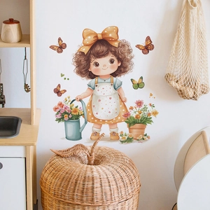 Pastoral wall sticker of a cartoon girl with orange bow watering flowers and butterflies