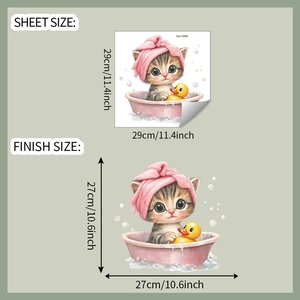Detail showing sheet size and finish size for cute cat in bathtub wall sticker decoration