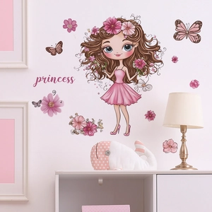 Vinilo decorativo de princesa de dibujos con flores rosas y mariposas para cuarto infantil