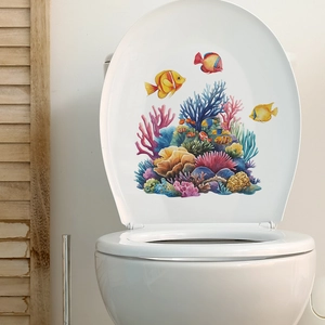 Waterproof toilet lid sticker featuring a colorful coral reef and tropical fish design