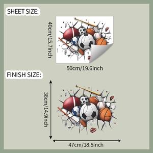 Detail of 3D cracked wall sports sticker showing sheet size and finish size dimensions