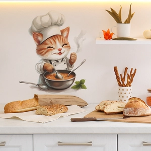 Cartoon cat chef wall sticker for kitchen decor, cat cooking soup on restaurant wall