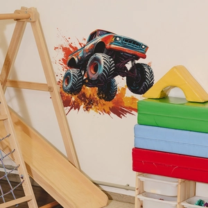 Sticker mural camion monstre style pop art orange et bleu pour décoration chambre enfant