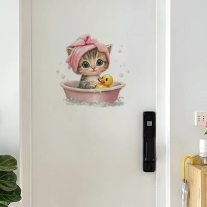 Cartoon kitten bathing in pink tub wall sticker for bathroom and home decoration