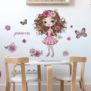 Vinilo decorativo princesa de dibujos con mariposas y flores para dormitorio infantil