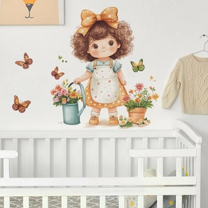 Pastel cartoon wall stickers featuring a little girl with flowers and butterflies for nursery