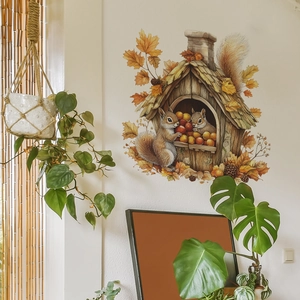 Stickers muraux écureuil et cabane avec feuilles d'érable pour décor d'automne