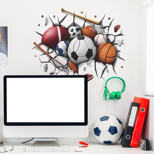 3D sports wall sticker with soccer, basketball, and baseball breaking through a brick wall
