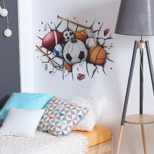 3D broken wall sports wall sticker featuring soccer, basketball and baseball for bedroom