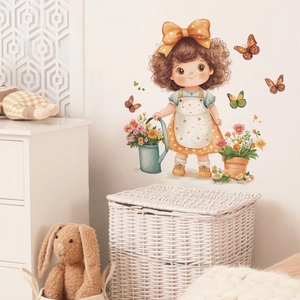 Cartoon girl wall decal with butterflies and flowers for kids bedroom decoration