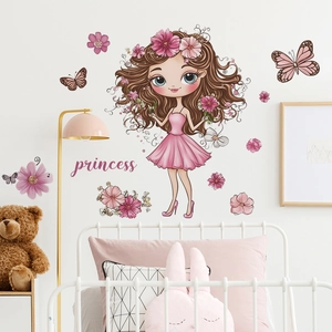 Pegatina de Pared de Princesa Niña de Dibujos Animados Mariposa Flor PVC Calcomanía Decorativa para Dormitorio de Niñas