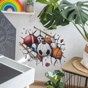 3D sports themed wall decals with soccer, basketball and baseball breaking through white wall