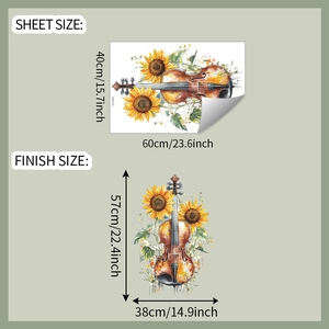 Detail of sunflower violin wall sticker showing sheet size and finish size dimensions