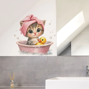 Cute kitten in pink bathtub wall decal for bathroom decoration with rubber duck