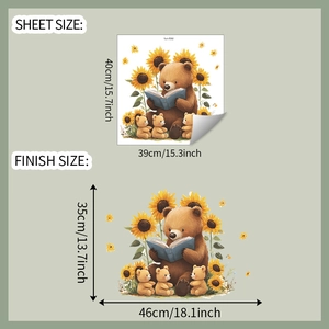 Detail view of cartoon bear wall stickers showing sheet size 39x40cm and finish size 46x35cm