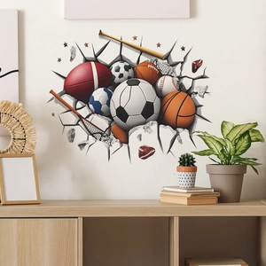 3D Broken Wall Sports Ball Wall Sticker PVC Football Basketball Baseball Decal For Kids Room Living Room Bedroom Decor