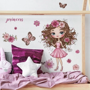 Vinilos decorativos de princesa con niña, flores rosas y mariposas para cuarto de niñas