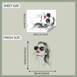 Detail view of wall sticker dimensions featuring a stylish lady silhouette design