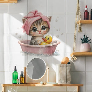 Cartoon kitten bathing wall sticker with pink towel and rubber duck for bathroom decor