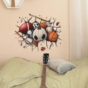 3D sports ball broken wall wall decal with soccer basketball and baseball decor