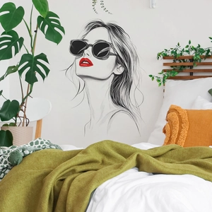 Minimalist wall decal featuring a stylish woman with red lips for bedroom decor