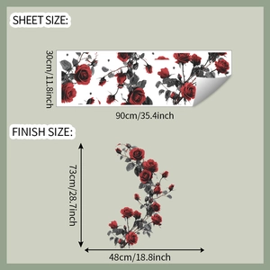 Detail of red rose wall decal showing sheet dimensions and finished display size