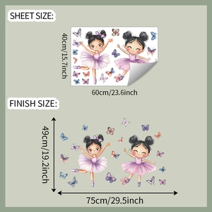 Détails des stickers muraux ballerine avec dimensions de la planche et du rendu final