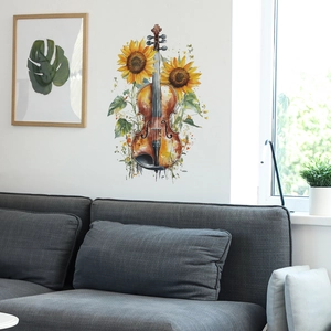 Artistic watercolor wall sticker featuring a violin and sunflowers for home decor