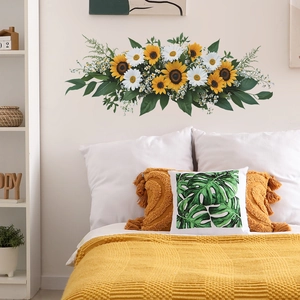Floral wall decal with yellow sunflowers and white daisies for bedroom wall decoration