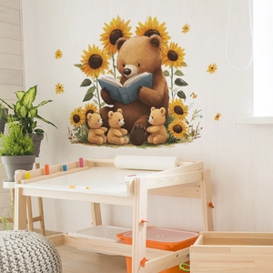 Cartoon bears reading books with sunflowers wall decals for cozy kids bedroom decor