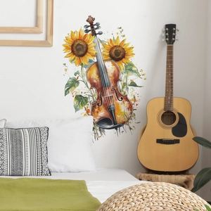 Watercolor sunflower violin wall decal sticker in a cozy bedroom home decor setting
