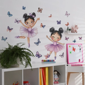 Stickers muraux avec filles ballerines de dessin animé et papillons pour chambre d'enfant
