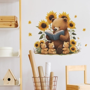 Cartoon brown bear family reading books with sunflowers wall decals for nursery decor