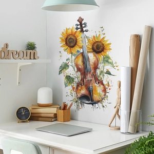 Artistic watercolor sunflower and violin wall sticker for living room home decor