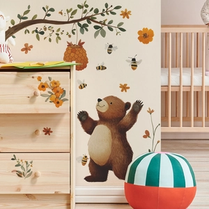 Sticker Mural en PVC Ours Brun Dessin Animé Abeille Branche Fleur pour Chambre d'Enfant Salon Décoration Murale