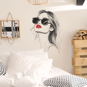 Minimalist female silhouette wall decal with red lips for living room bedroom decor