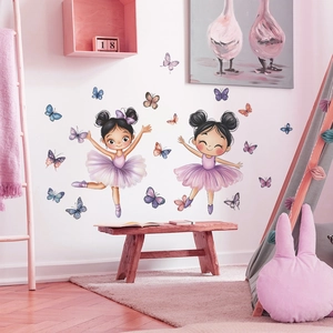 Stickers muraux ballerine de dessin animé avec papillons pour chambre d'enfant et décor