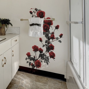 Realistic red roses and grey leaves wall decals for bathroom home decor