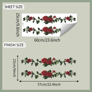 Détail montrant les dimensions de la feuille et la taille finale du sticker rose rouge